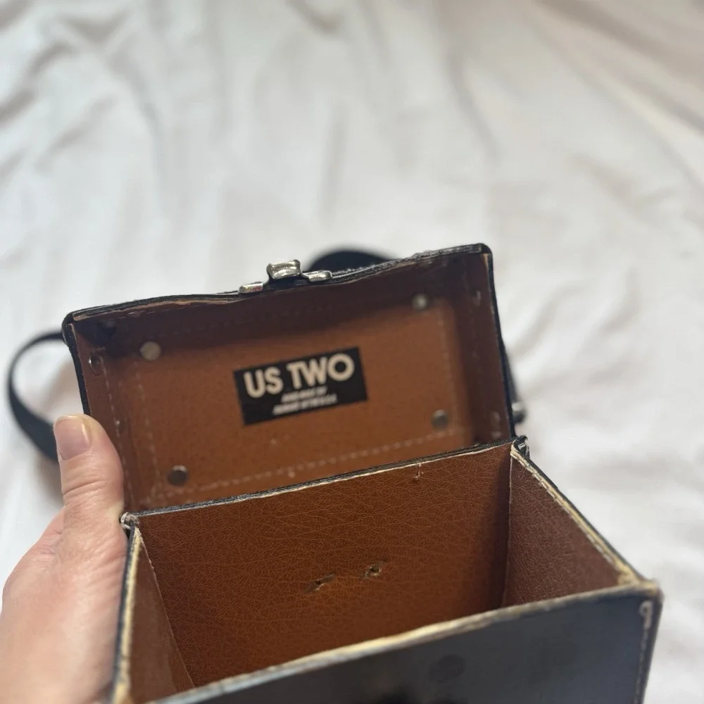 US TWO Black Leather Hard Camera Case/Alternative purse, With Strap USA